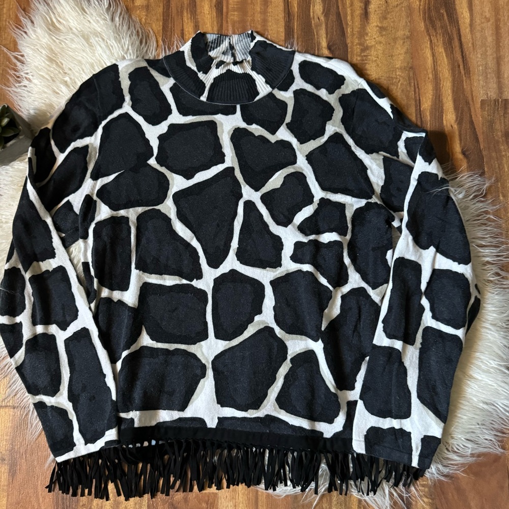 Tyler Boe Animal Print Cashmere Blend Fringe Mock Neck Sweater